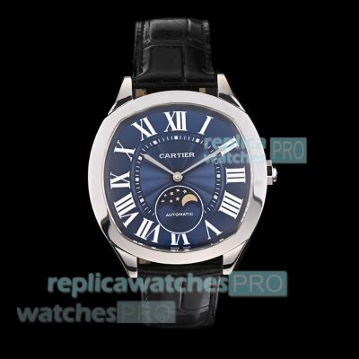 Swiss Clone Cartier Drive de Cartier Blue Dial Moon Phase Leather Strap Watch 